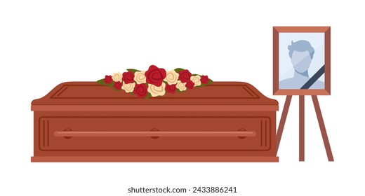 Dead young man coffin and photo. Funeral ceremony. Ritual service. Male picture and flowers wreath on coffin. Vector illustration