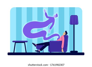 Dead young man and ghost flat color vector illustration. Guy passed away. Male body and soul at home. Afterlife concept. 2D cartoon character on apartment interior background