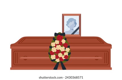 Dead young woman coffin and photo. Funeral ceremony. Ritual service. Female picture and flowers wreath on coffin. Vector illustration