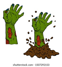 Dead zombie hand out of the ground. Design element for poster, card, banner. Vector illustration