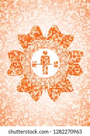 deadlift icon inside abstract emblem, orange mosaic background