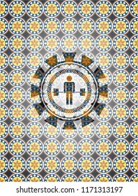 deadlift icon inside arabic badge background. Arabesque decoration.