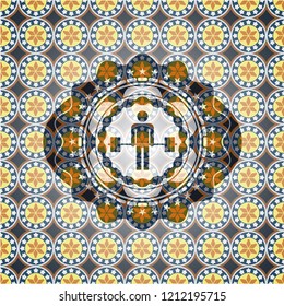 deadlift icon inside arabic badge. Arabesque decoration.