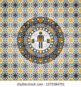 deadlift icon inside arabic style badge. Arabesque decoration.