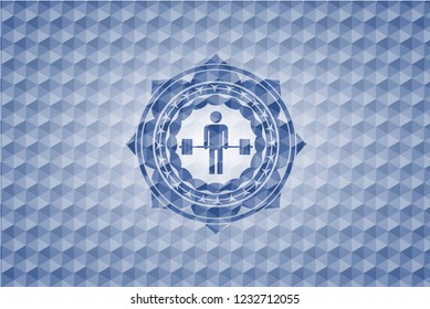 deadlift icon inside blue emblem with geometric background.
