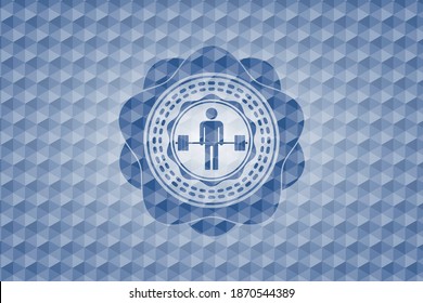 deadlift icon inside blue emblem with geometric pattern. 