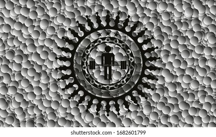 deadlift icon inside dark badge with bubbles background. Vector Illustration. Detailed.
