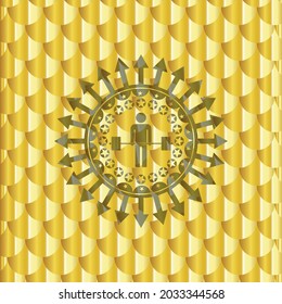 deadlift icon inside gold badge or emblem. Scales pattern. Vector Illustration. Detailed. 