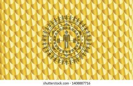 deadlift icon inside golden badge. Scales pattern. Vector Illustration. Detailed.