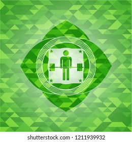 deadlift icon inside green emblem. Mosaic background