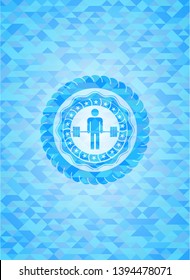 deadlift icon inside light blue emblem with mosaic background
