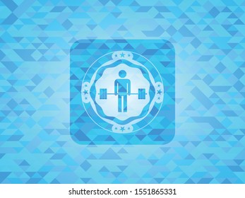 deadlift icon inside light blue emblem. Mosaic background
