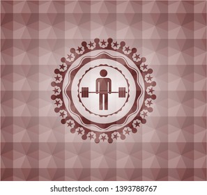 deadlift icon inside red badge with geometric pattern. Seamless.