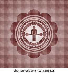 deadlift icon inside red emblem with geometric background. Seamless.
