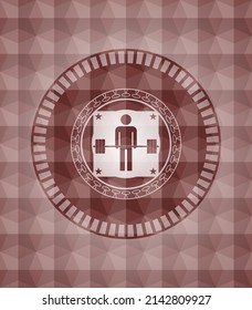 deadlift icon inside red geometric pattern emblem. Seamless. 