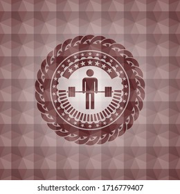deadlift icon inside red polygonal badge. Seamless. 