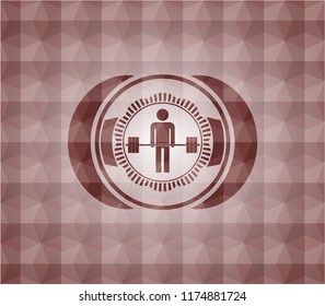deadlift icon inside red seamless badge with geometric background.