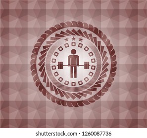 deadlift icon inside red seamless emblem with geometric pattern background.