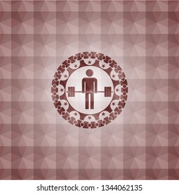 deadlift icon inside red seamless badge with geometric pattern.
