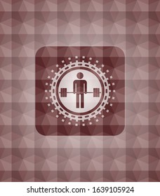 deadlift icon inside red seamless emblem with geometric pattern background.
