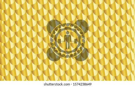 deadlift icon inside shiny golden badge. Scales pattern. Vector Illustration. Detailed.