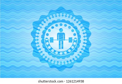 deadlift icon inside sky blue water wave badge background.
