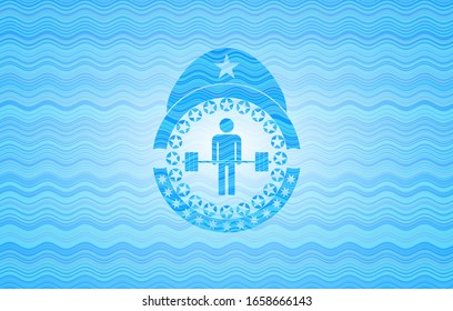 deadlift icon inside water wave concept badge.