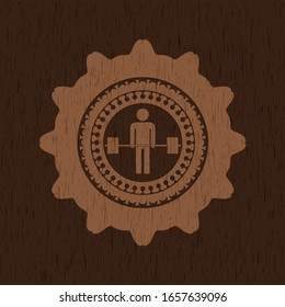 deadlift icon inside wooden emblem. Vintage.