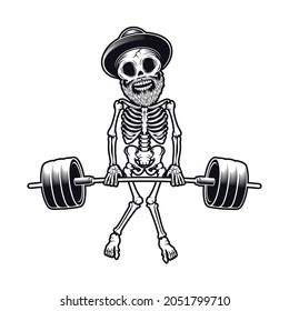 Deadlift skull, Illustration of human skull, skeleton with weightlifting. Design element for logo, poster, card, banner, emblem, t shirt. Vector illustration