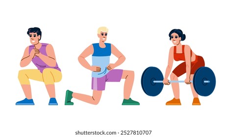 deadlifts fitness exercises leg vector. step ups, press raises, hamstrings quads deadlifts fitness exercises leg character. people flat cartoon illustration