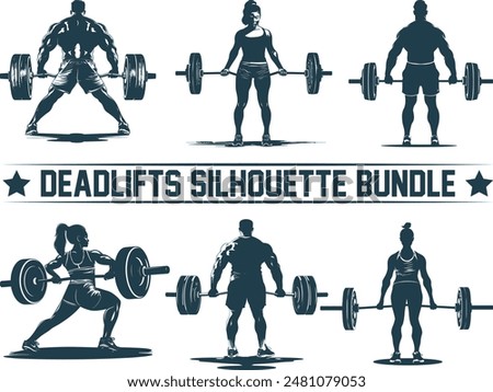 Deadlifts silhouette bundle, set powerlifting athlete powerlifter exercise deadlift black silhouette. Man doing Sumo Barbell deadlifts exercise.