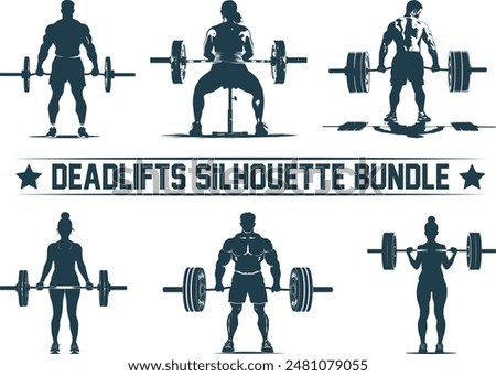 Deadlifts silhouette bundle, set powerlifting athlete powerlifter exercise deadlift black silhouette. Man doing Sumo Barbell deadlifts exercise.