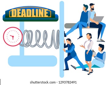 Deadline abstract concept, businessmen clockwork presses, crushes people. In minimalist style. Cartoon flat Vector Illustration