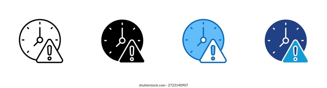 Vector de diseño de íconos de estilo múltiple - Reloj con símbolo de advertencia que indica plazos incumplidos, presión de tiempo o riesgos de programación