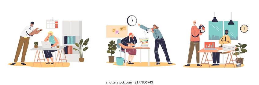 Deadline and angry boss set with leader businesspeople shouting at stressed employees because of missed deadline and bad time management. Cartoon flat vector illustration