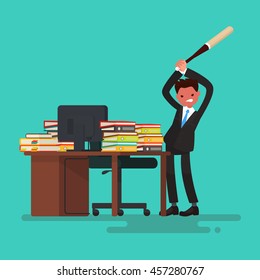 Deadline. Angry worker breaks the desk littered with documents. Vector illustration of a flat design