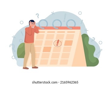 Deadline anxiety 2D vector isolated illustration. Shocked man flat character on cartoon background. Colourful editable scene for mobile, website, presentation. Nerko One Regular, Quicksand fonts used