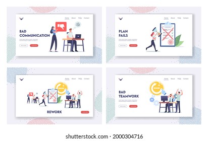 Deadline Anxiety, Rework Landing Page Template Set. Boss Character Yelling at Office Employees for Bad Work. Businesspeople Redo Documents Fixing Mistakes, Stress. Cartoon People Vector Illustration