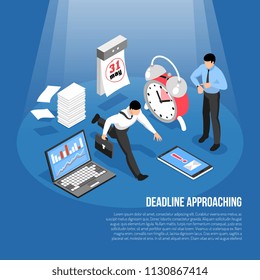 Deadline approaching concept with alarm clock calendar laptop and hurrying men 3d isometric vector illustration