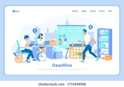 Deadline Asap. Business team working in an office overtime. All in a hurry to complete the tasks. Stress and mess in the office. landing web page design template decorated with people characters.