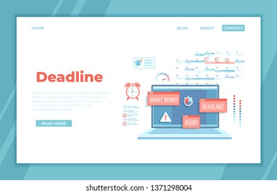 Deadline, Asap, Time limit and control. Laptop with pop-up Attention signs, notifications, messages on the screen, red alarm clock, planning calendar, stopwatch, exclamation mark, loading bar. landing