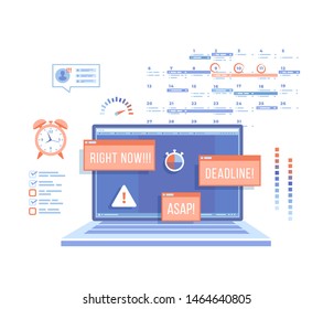 Deadline, Asap, Time limit and control. Laptop with pop-up Attention signs, notifications, messages on the screen, red alarm clock, planning calendar, stopwatch, exclamation mark, loading bar. Vector 