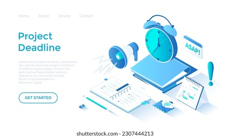 Deadline Asap. Time limit and control. Effective business, time planning and management. Isometric illustration. Landing page template for web on white background.	
