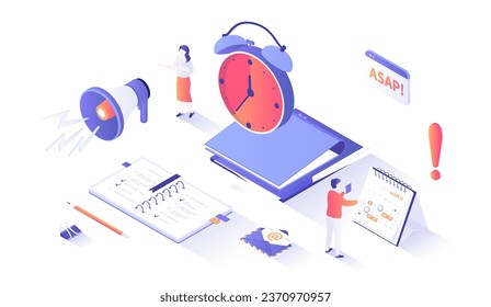 Deadline Asap. Time limit and control. Effective business, time planning and management. Red alarm clock, screaming megaphone. Isometry illustration with people scene for web	
