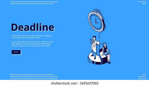 Deadline banner. Concept of important event on due date and countdown. Vector landing page of project deadline, timer notification with isometric icon of clock and working people