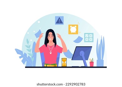 Deadline blue and pink concept with people scene in the cartoon style. Woman is very worried about the fact that she will not be able to complete many tasks before the deadline. Vector illustration.