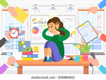 Deadline business concept, fear of a lot of work. Businesswoman is afraid of multitasking. Scared woman sitting on table holding her head with hands in awe. Female in stress cause of many errands