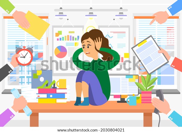 Deadline business concept, fear of a lot of work.\
Businesswoman is afraid of multitasking. Scared woman sitting on\
table holding her head with hands in awe. Female in stress cause of\
many errands