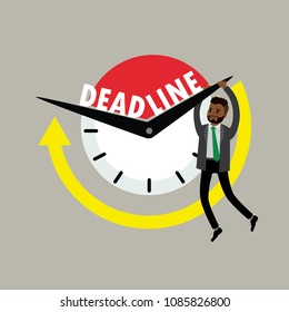 Deadline business concept, Sad african american Businessman hanging on the clock arrow,flat vector illustration