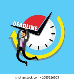Deadline business concept, Sad caucasian Businessman hanging on the clock arrow,flat vector illustration